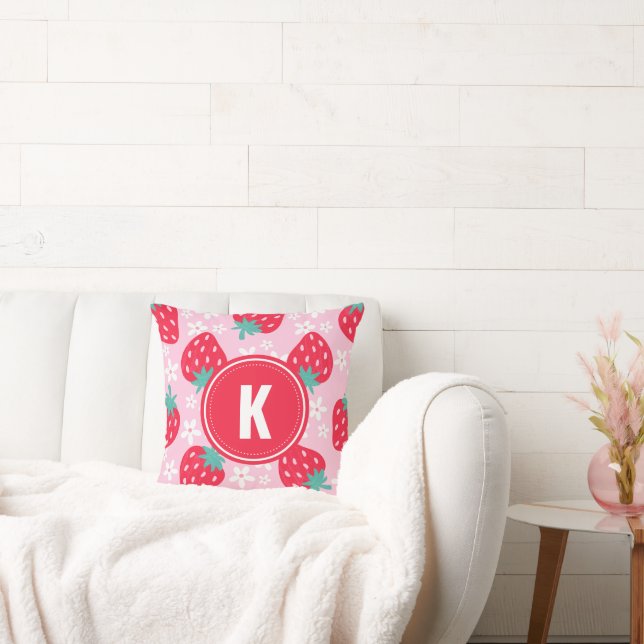 Rosa röda jordgubbar Blommig  Mönster Monogram Kudde (Soffa)