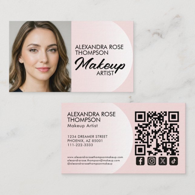 Rosa Röda Mönster Sminkartist Qr Social Ikon Visitkort (Fram/baksida)