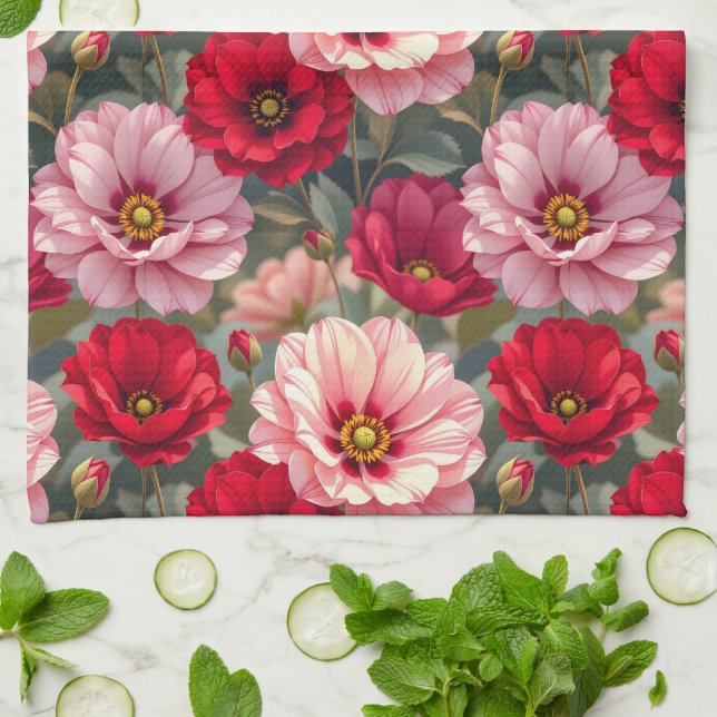 Rosa, röda och mauve blommor kökshandduk (Vikta)