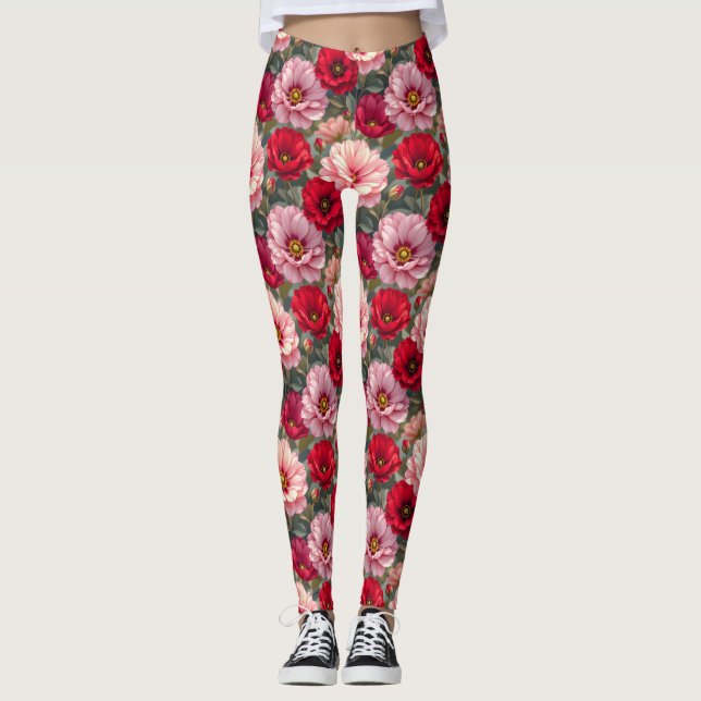 Rosa, röda och mauve blommor leggings (Framsida)