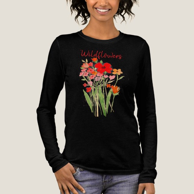Rosa, röda och orangea vilda blommor Text T Shirt (Framsida)