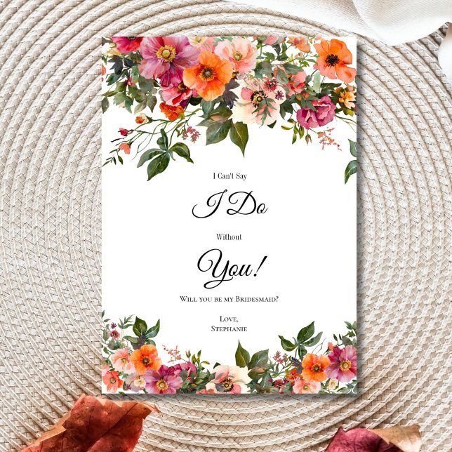 Rosa röda orange blommiga brudtärna förslags kort (Pink Red Orange Watercolor Florals Bridesmaid Proposal Card. Digital or Printed)