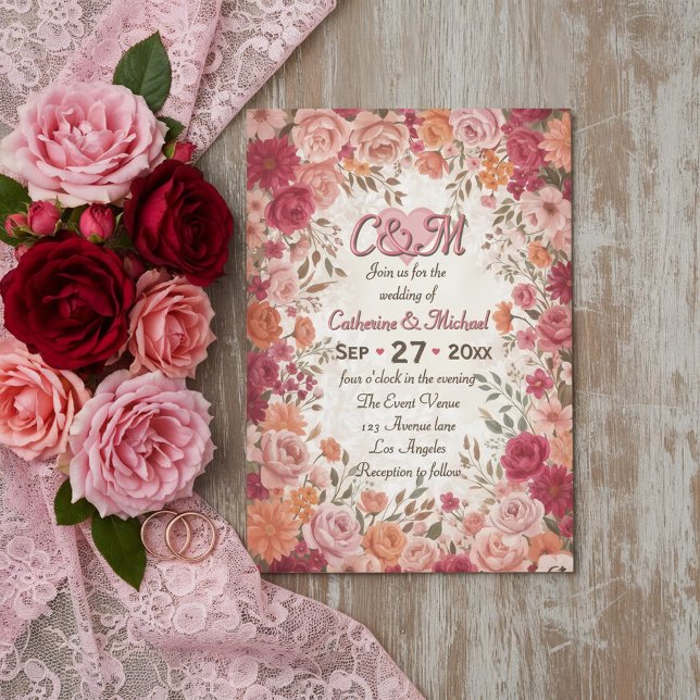 Rosa & Röda Romantiska Roser Vår Blommig Bröllop Inbjudningar (Flat lay pink red watercolor floral vintage spring garden romantic cottagecore wedding invitation)