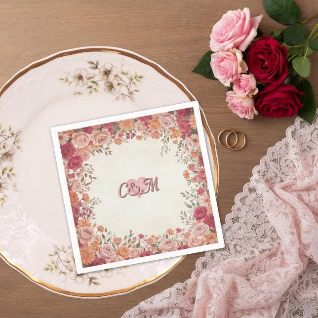 Rosa & Röda Romantiska Roser Vår Blommig Bröllop Pappersservett (Flat lay pink red watercolor floral vintage spring garden romantic wedding monogram napkin)