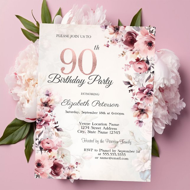 Rosa röda rosor 90-årsdag inbjudningar (Skapare uppladdad)