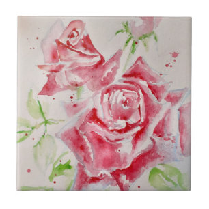 Rosa röda rosor akvarell blomma blomsterkonst kakelplatta