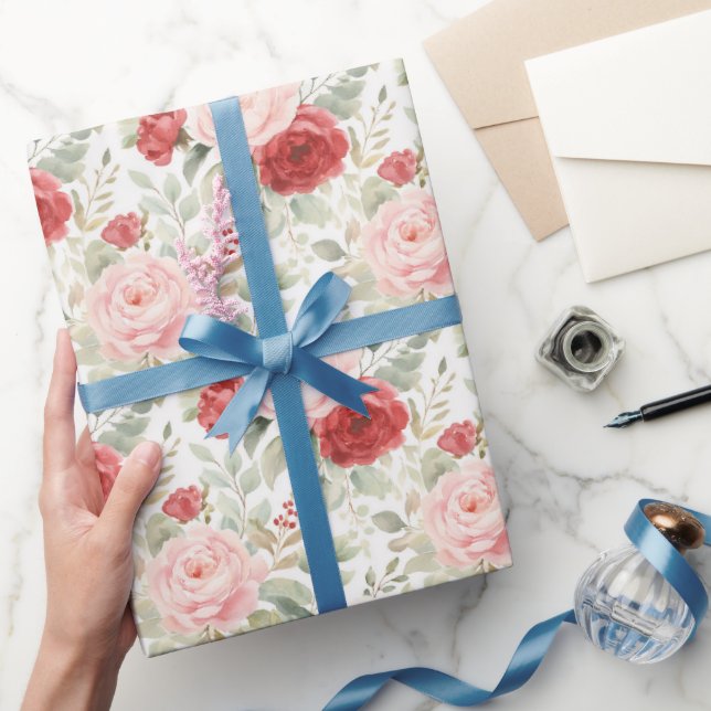 Rosa röda rosor Blommig bröllopsdusch Presentpapper (Gifting)