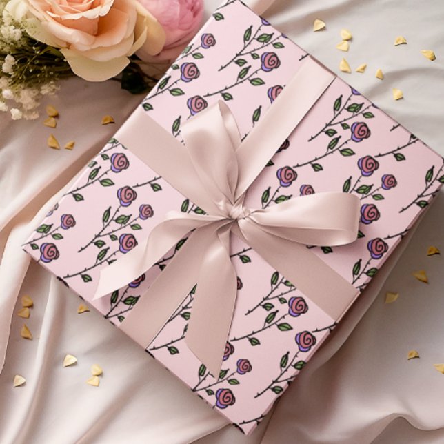 Rosa röda rosor Handillustrerad Elegant Romantisk Presentpapper (This pink rose gift wrap is hand-illustrated by me, a human. I was inspired by the Victorian age.)