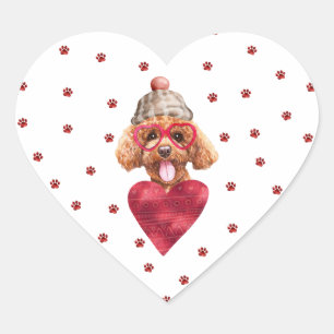 Rosa Röda Tassars Pudel Hund Valentines Hjärtformat Klistermärke