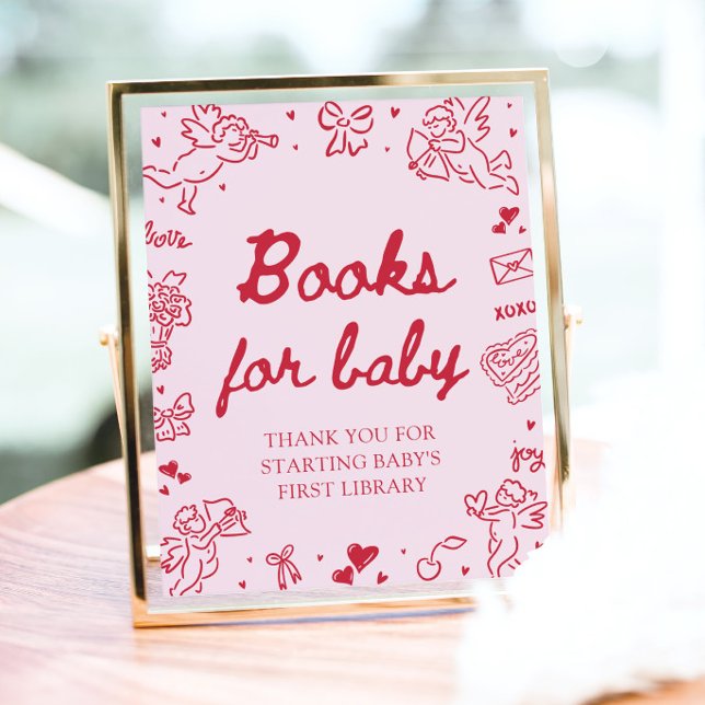 Rosa röda valentin bebyshowerböcker för bebyspel poster (Pink Red Valentine Baby Shower Books for Baby Game )