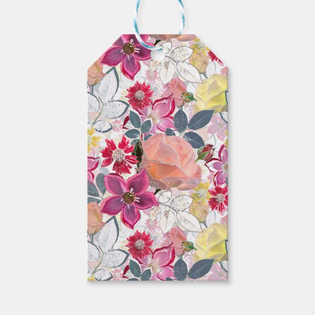 Rosa, röda vattenfärgblommor. presentetikett (Framsidan)