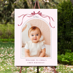 Rosa rödbågad 1-års födelsedagsfoto-välkomstskylt poster