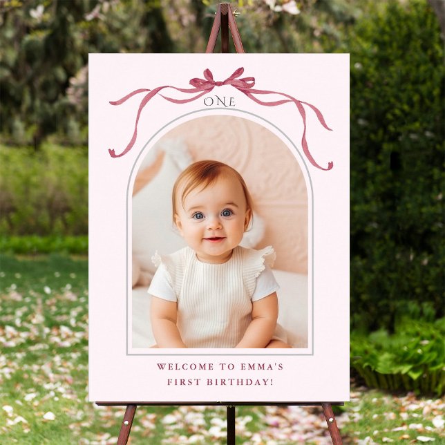 Rosa rödbågad 1-års födelsedagsfoto-välkomstskylt poster (Skapare uppladdad)