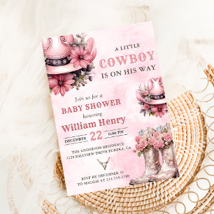 Rosa Rodeo Western Cowboy Baby Shower Inbjudningar