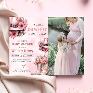 Rosa Rodeo Western Cowboy Baby Shower Photo Inbjudningar