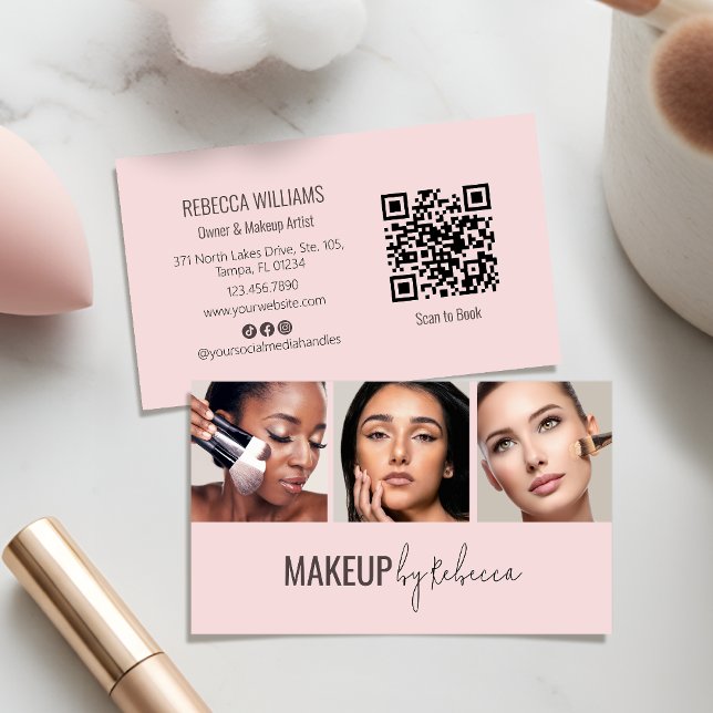 Rosa rodnad 3 Foto QR-kod Modern sminkning Visitkort (An elegant and modern aesthetic for your makeup business, with fully customizable photos & QR code)