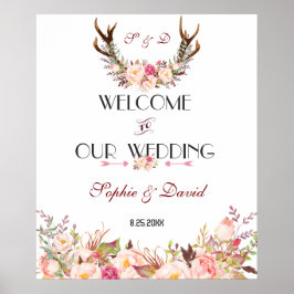 Rosa rodnad blommande horn välkomstskylt för bröll poster