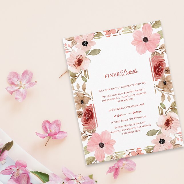 Rosa Rodnad Blommig Botanisk Bröllopsinformation Tilläggskort (Pink Blush Floral Botanical Wedding Details Enclosure Card)