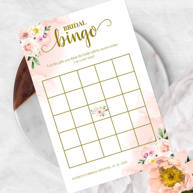 Rosa rodnad blommig guld bröllopsdusch bingo flygblad (Skapare uppladdad)