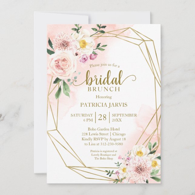Rosa rodnad blommig guld geometrisk bröllopsbrunch inbjudningar (Framsida)