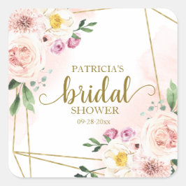 Rosa rodnad blomster guld geometrisk bröllopsdusch fyrkantigt klistermärke