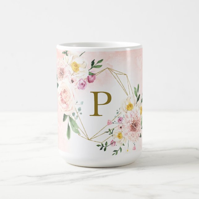Rosa rodnad blomster guld geometrisk monogram kaffemugg (Center)
