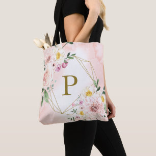 Rosa rodnad blomster guld geometrisk monogram tygkasse
