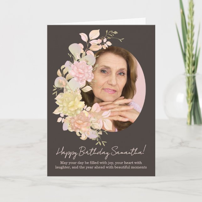 Rosa rodnad blomsterfotolister födelsedagsgratulat kort (Framsida)