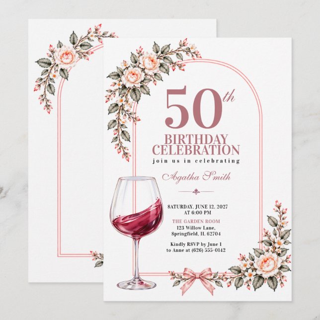 Rosa rodnad Boho blomglas 50-årsdag Inbjudningar (Fram/baksida)