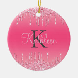 Rosa rodnad, droppande glitter, roséguld monogram julgransprydnad keramik