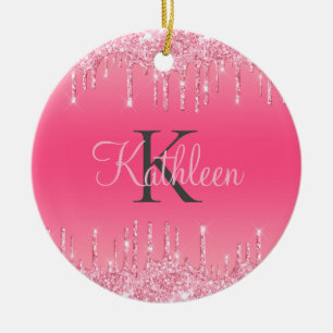 Rosa rodnad, droppande glitter, roséguld monogram julgransprydnad keramik