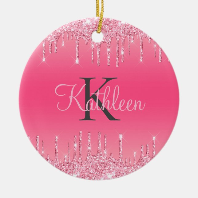 Rosa rodnad, droppande glitter, roséguld monogram julgransprydnad keramik (Framsidan)