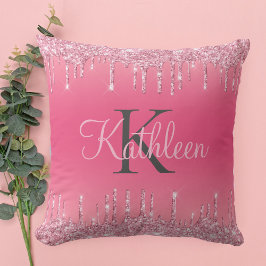 Rosa rodnad, droppande glitter, roséguld monogram kudde