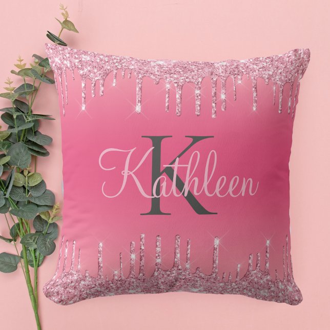 Rosa rodnad, droppande glitter, roséguld monogram kudde (Skapare uppladdad)