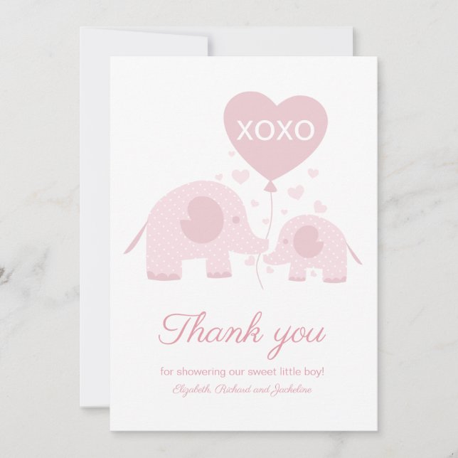 Rosa rodnad Elefantflicka Baby Shower Tack Kort (Framsida)
