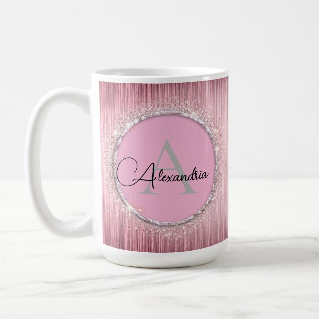 Rosa rodnad flickaktig glittermonogram kaffemugg (Vänster)