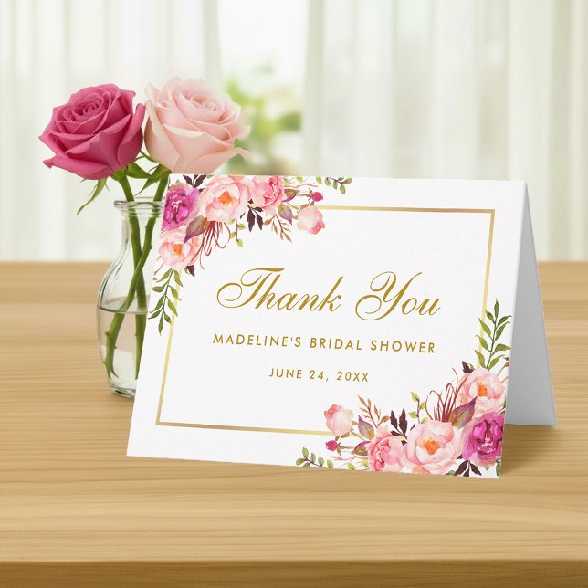 Rosa rodnad guld blommig bröllopsfest tacknota tack kort (Customize to add text to inside of card.)