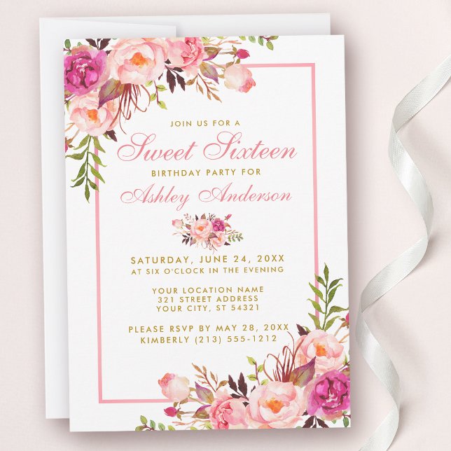 Rosa rodnad guld blommig Sweet 16 födelsedagsinbju Inbjudningar (Customize to change text color, text style or to add more text or photos to back of card.)