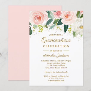 Rosa rodnad guld vattenfärg blomster Quinceanera Inbjudningar