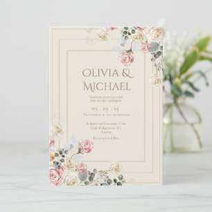Rosa Rodnad Kräm Rosa Blommor Elegant Bröllop Inbjudningar