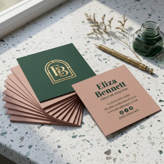Rosa rodnad Mörkgrön Guld Monogram Visitenkort Fyrkantigt Visitkort