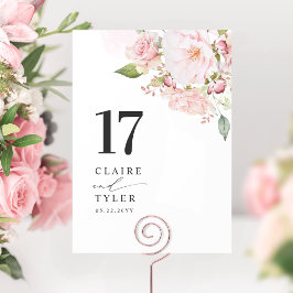 Rosa rodnad och roséguld blomsterbröllop bordsnummer