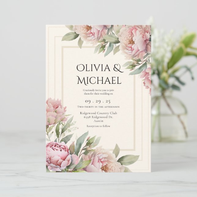 Rosa rodnad Peonies blommande elegant bröllop Inbjudningar (Stående Fram)