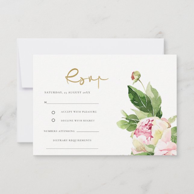 Rosa rodnad peony blomster vattenfärg bröllop RSVP OSA Kort (Framsida)