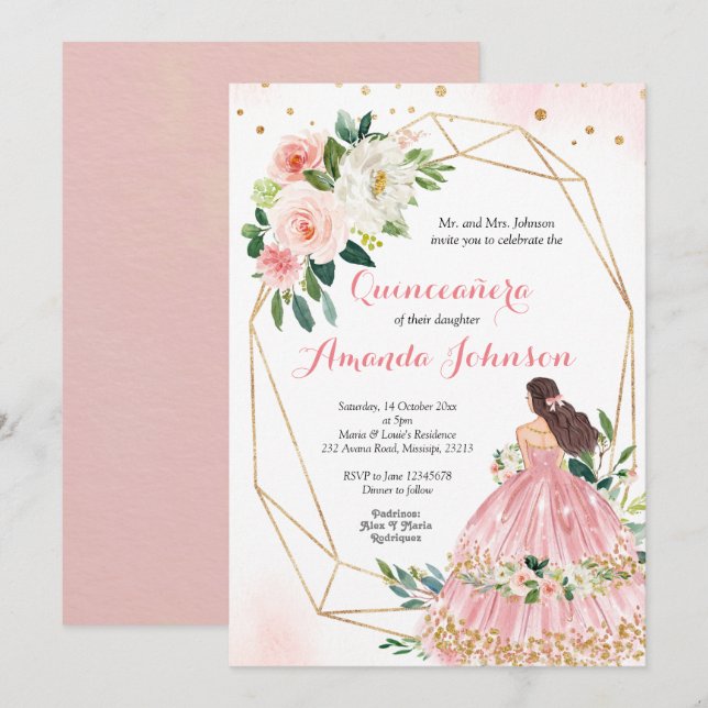 Rosa rodnad prinsessa Quinceañera-inbjudan Inbjudningar (Fram/baksida)