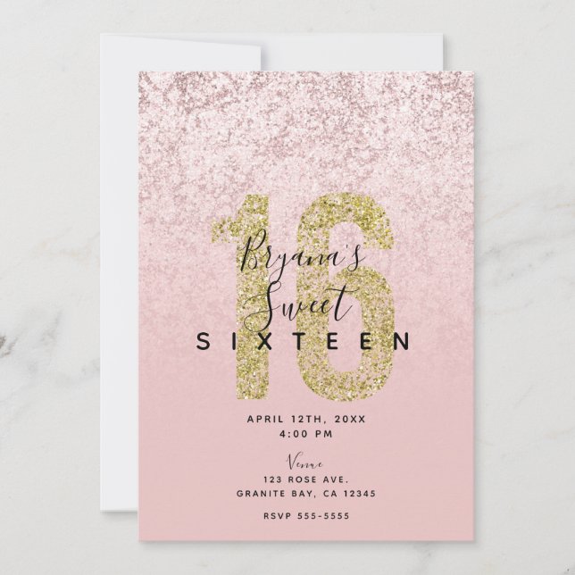 Rosa Rodnad Rosa Guld Glitter Marmor Glam Söt 16 Inbjudningar (Framsida)