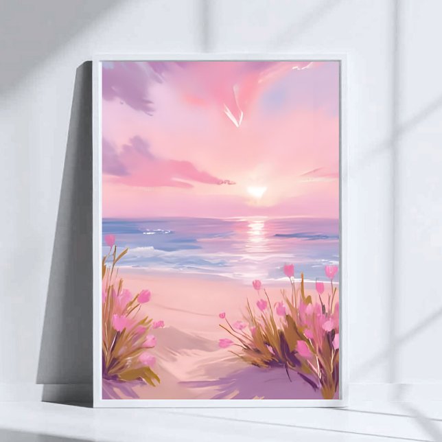 Rosa rodnad strand solnedgång pastell akvarell poster (Skapare uppladdad)