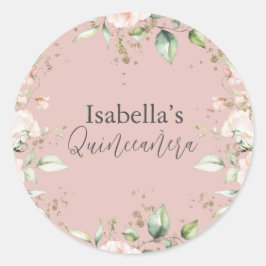 Rosa rodnad vattenfärg glitter Quinceañera  Runt Klistermärke