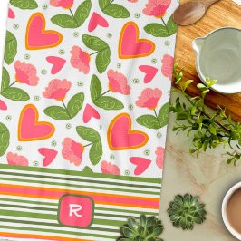 Rosa Roligt Chic Monogram Initial Blommigt Stripe Kökshandduk