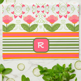 Rosa Roligt Chic Monogram Initial Blommigt Stripe Kökshandduk